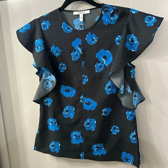 Derek Lam 10 Crosby Blouse Black and Blue Floral Print Ruffle Sleeve Size 0 - Picture 2 of 6